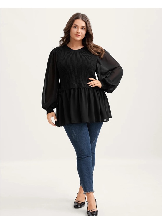 BloomChic Tops - Balloon Sleeve Solid Twofer Sweater